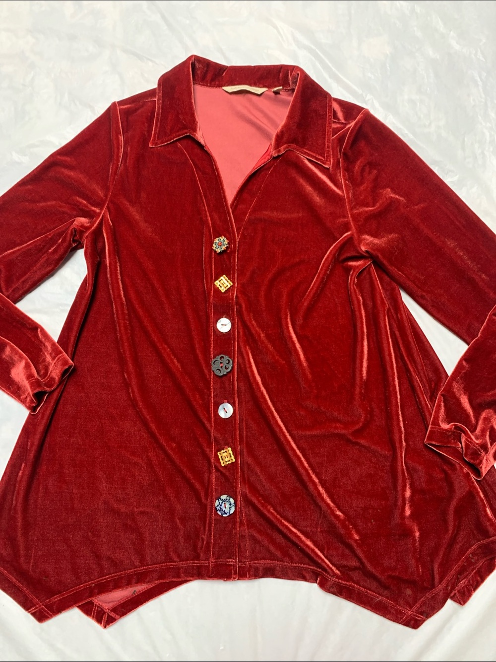 Soft Surrondings Red Velvet Boho Lagenlook Button Up Shirt With Funky Buttons Sm